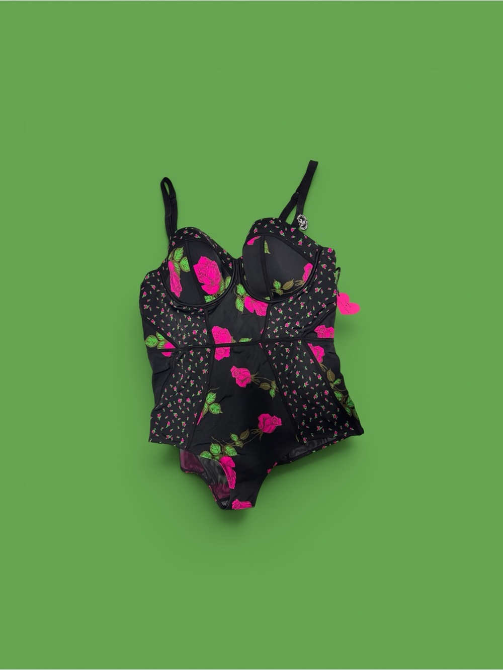 Torrid Black Floral One-Piece Swimsuit with Hot Pink Roses